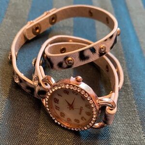 Leopard Print Wrap Watch with Rhinestones